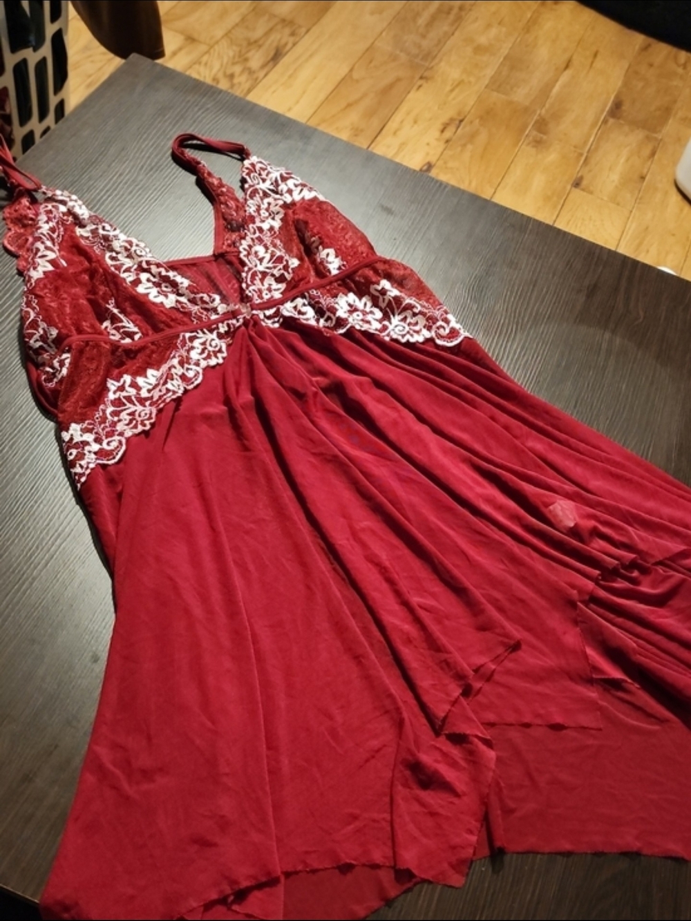 SHEIN Red Lace Trim Satin Nightgown